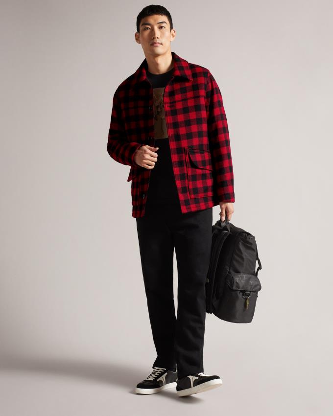 Chemises Ted Baker Check Wool Overshirt Rouge Homme | VTP-52618451